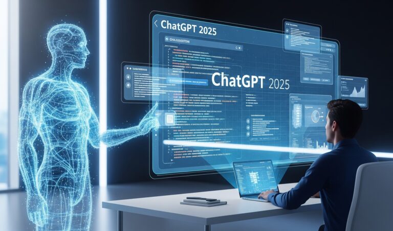 "Illustration of a futuristic AI assistant (ChatGPT) on a glowing screen, surrounded by icons for text, code, images, and charts, symbolizing its multimodal features in 2025."