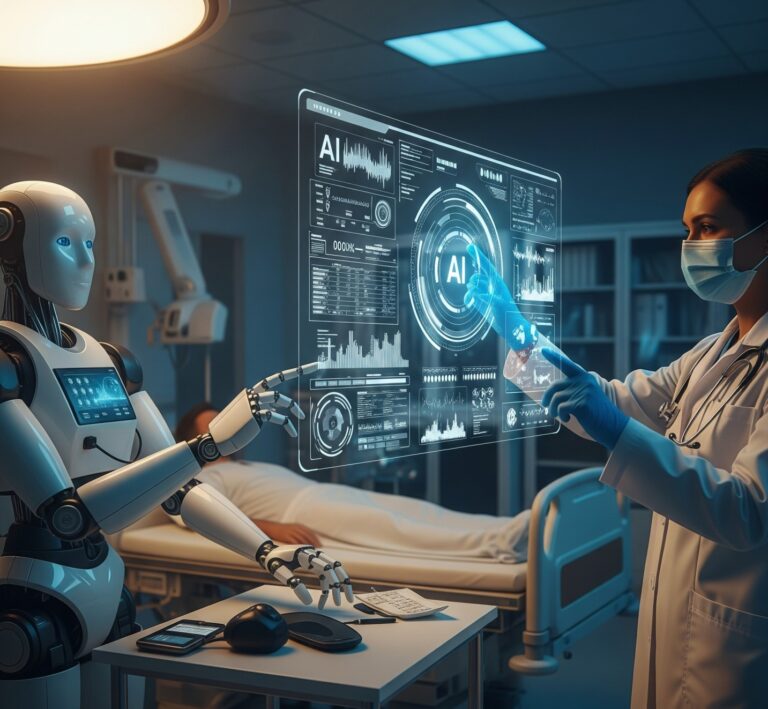 Illustration showing ethical concerns of AI in healthcare including data privacy, algorithm bias, accountability, and patient trust – medical AI ethics concept.