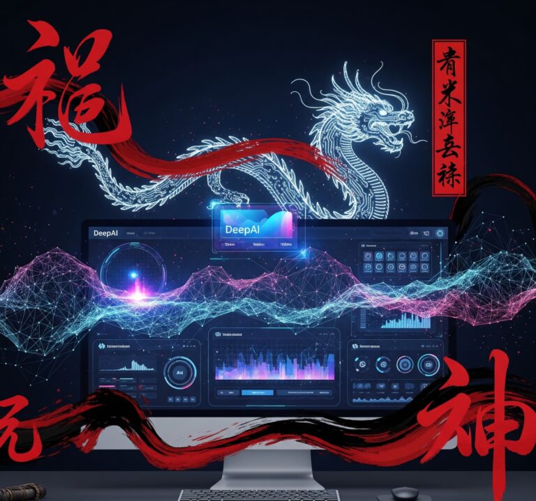 DeepAI dashboard interface with Chinese calligraphy-inspired digital art, blending AI technology with cultural symbolism.