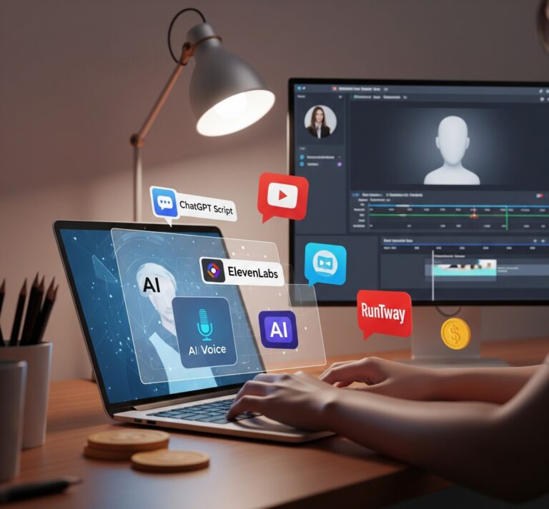 A content creator sitting at a desk with only their hands visible, working on a laptop surrounded by AI icons—like a script tool (ChatGPT), AI voice icon (ElevenLabs), video editor (Pictory or Runway), and monetization symbols like a dollar sign or YouTube logo. The room is softly lit, with a glowing monitor displaying a faceless character video timeline. Futuristic, realistic, and minimalistic 3D style.”