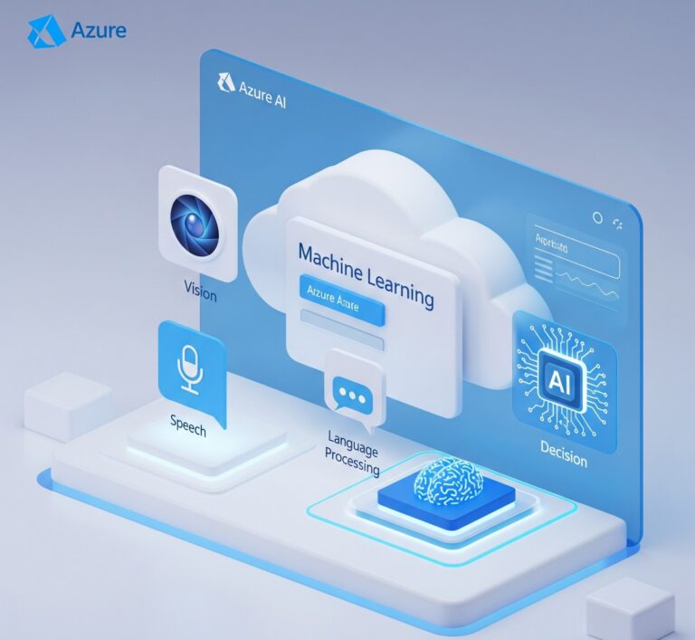 Illustration of Azure AI capabilities including machine learning, cognitive services (vision, speech, language), and OpenAI integration, set against a futuristic cloud dashboard in Azure blue.
