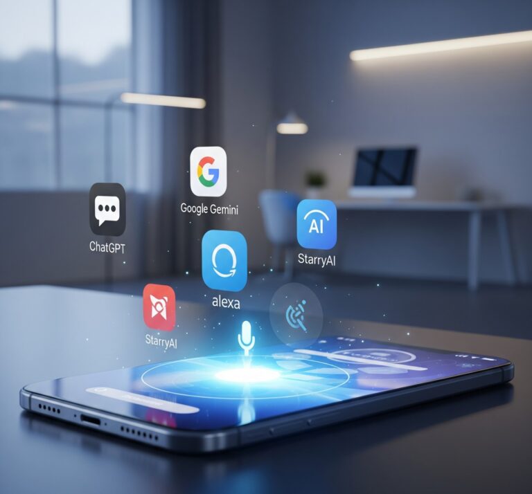 User interacting with a futuristic smartphone displaying holographic icons of top AI apps like ChatGPT, Google Gemini, and StarryAI in a high-tech workspace