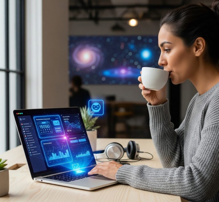 Woman using AI-powered productivity assistant on a laptop with futuristic interface; digital assistant automates scheduling, emails, and analytics in real time.