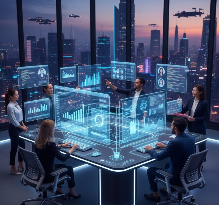 AI plus project management for teams—illustration showing smart planning, task allocation, risk detection, AI-powered meetings, performance tracking, and document automation in modern workplace