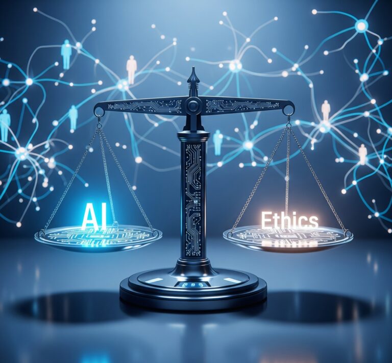 "Illustration of artificial intelligence interacting with a human in a balanced, ethical environment — featuring glowing neural networks, justice scales, and diverse people working harmoniously with AI systems in a futuristic city backdrop."