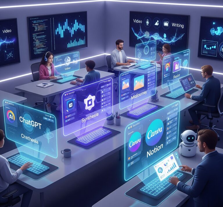“Futuristic digital workspace in 2025 with professionals using AI tools like ChatGPT, Synthesia, Canva, and Notion on holographic interfaces; vibrant tech environment representing productivity, creativity, and smart workflow automation.”