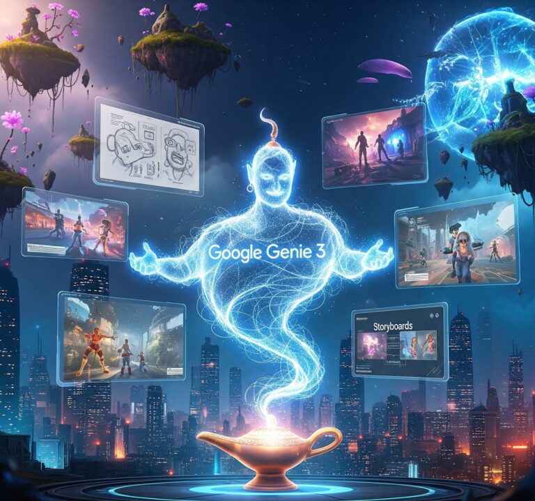 uturistic digital artwork showing a glowing blue genie made of light emerging from a golden lamp, with the words “Google Genie 3” on its chest. The genie floats above a modern cityscape at night, surrounded by holographic screens displaying video game-style environments, storyboards, and character sketches. Floating islands with pink trees and a glowing blue planet add a fantastical, sci-fi atmosphere.