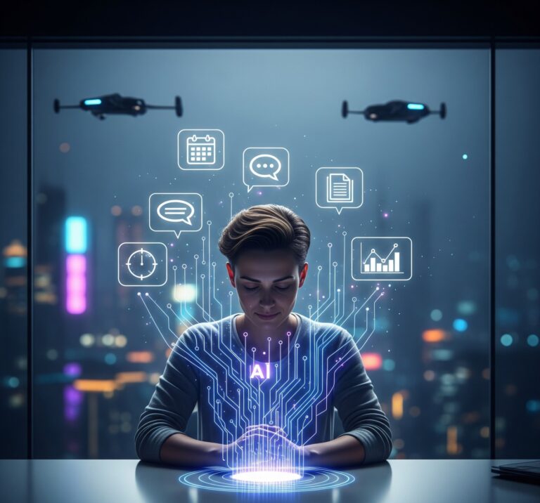 Illustration of top AI tools for deep work in 2025, showing apps like Reclaim, Notion, ChatGPT, and Motion supporting productivity, focus, time blocking, and distraction-free workflow