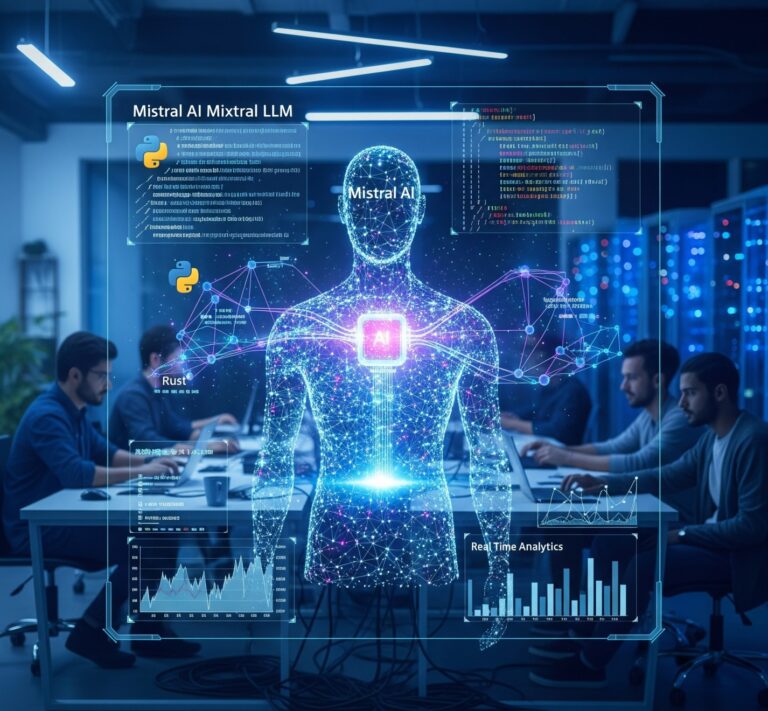 Mistral AI Mixtral open-weight LLM visualized as a glowing neural network with multilingual text, code snippets, and analytics in a high-tech collaborative workspace.