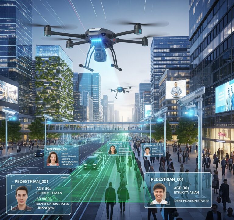 "Illustration of advanced facial recognition AI technology scanning a human face using digital mesh and neural network graphics, symbolizing biometric authentication, 3D facial mapping, and AI-powered security applications."