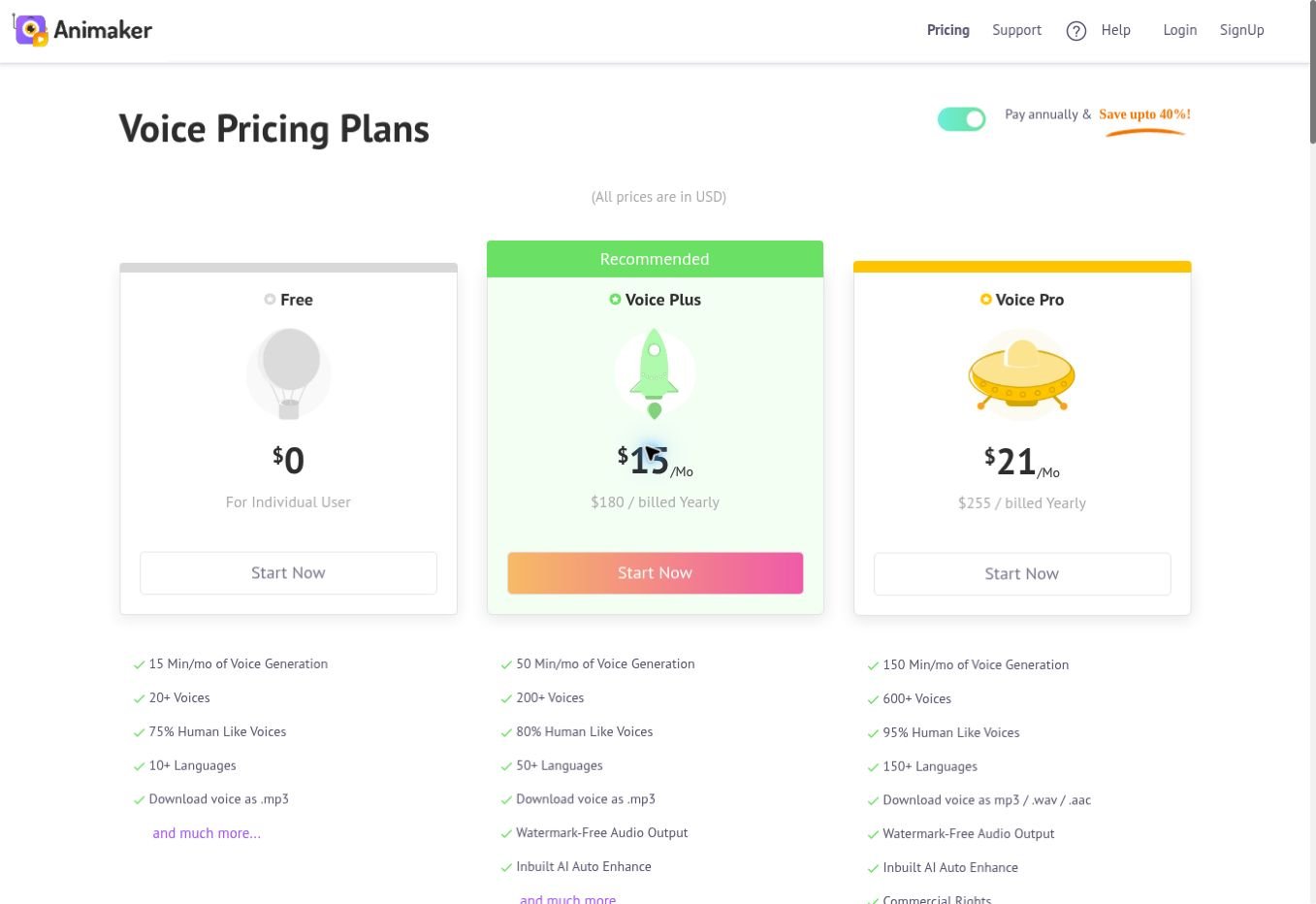 Animaker Voice pricing page comparing free Voice Plus and Voice Pro plans