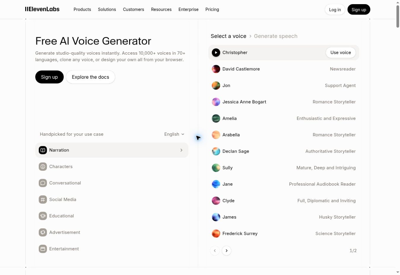 Best AI voice generators comparison showing ElevenLabs voice categories and searchable voice list