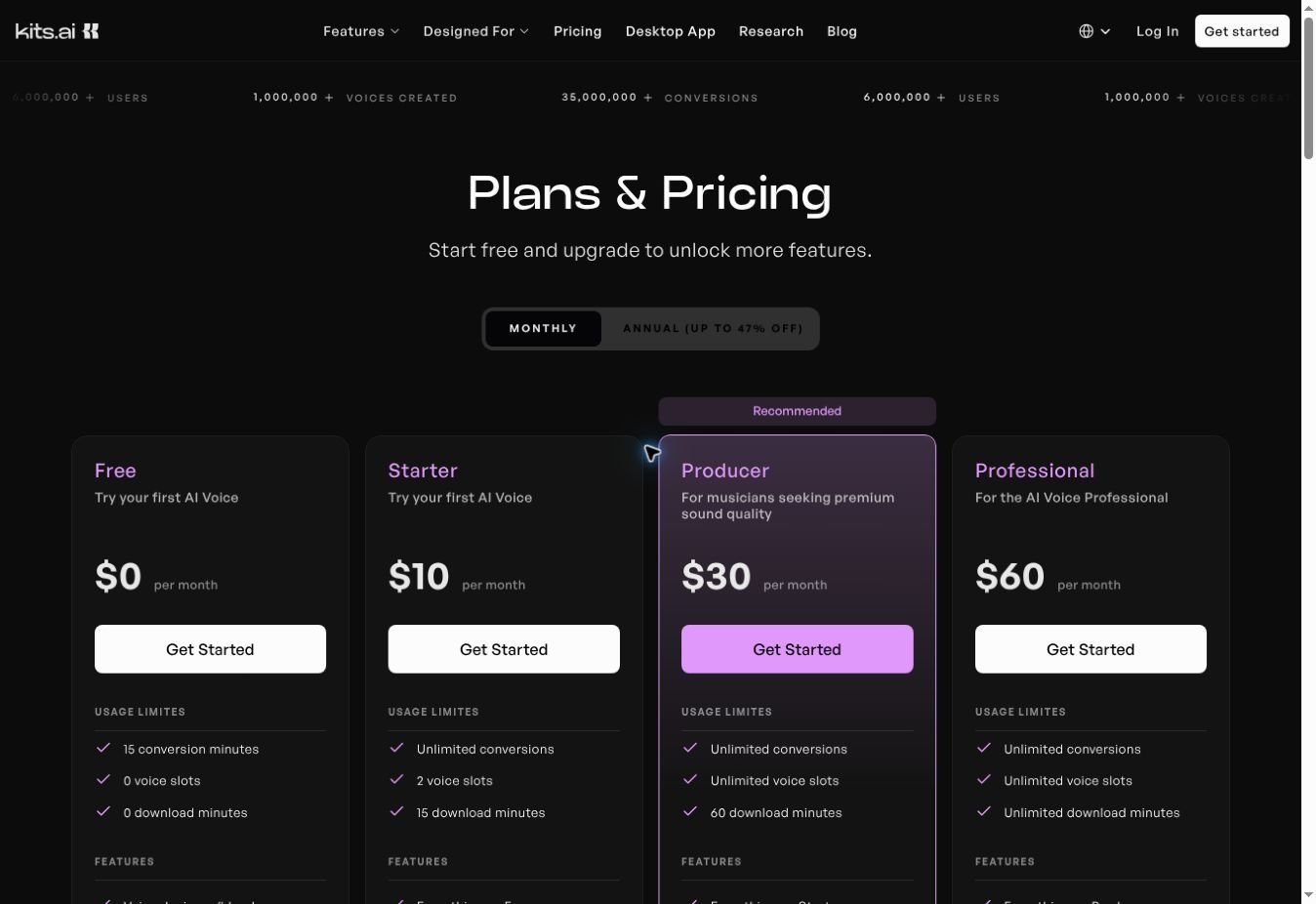 Kits AI pricing page showing Free Starter Producer and Professional plans