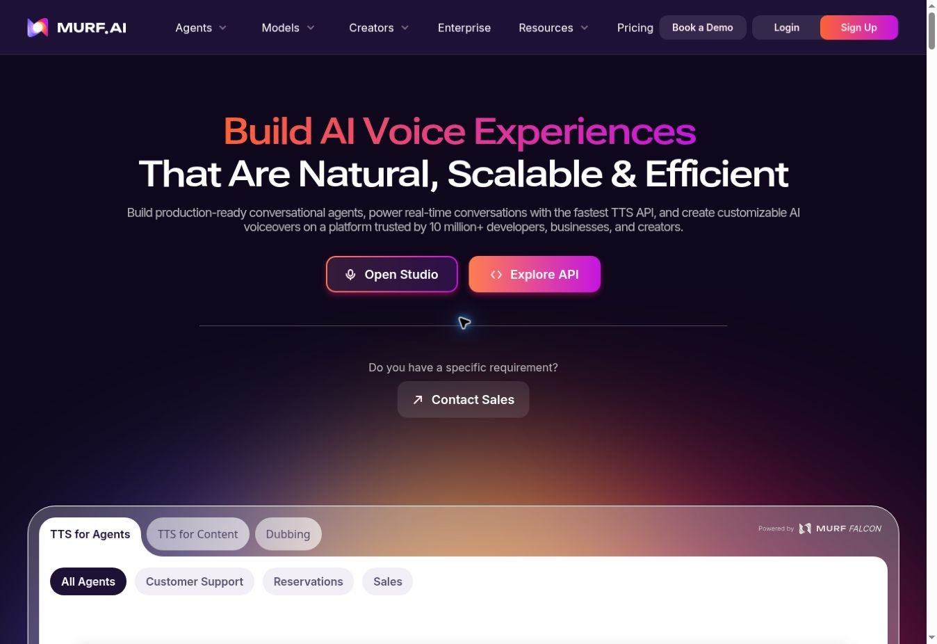 Murf AI homepage showing tools for agents, content text to speech and dubbing