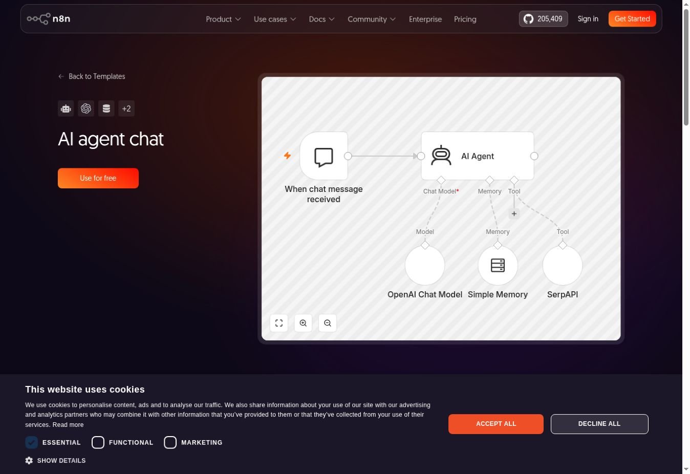 Official n8n AI Agent Chat workflow template page