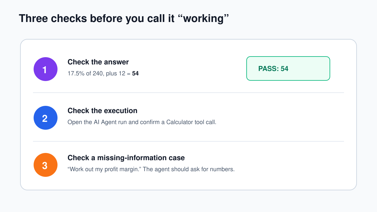 Testing checklist for an n8n AI agent with expected inputs and results
